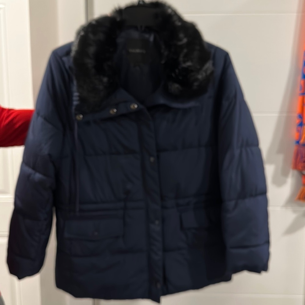 Navy jacket from Talbots. Size large. Faux fur collar black
